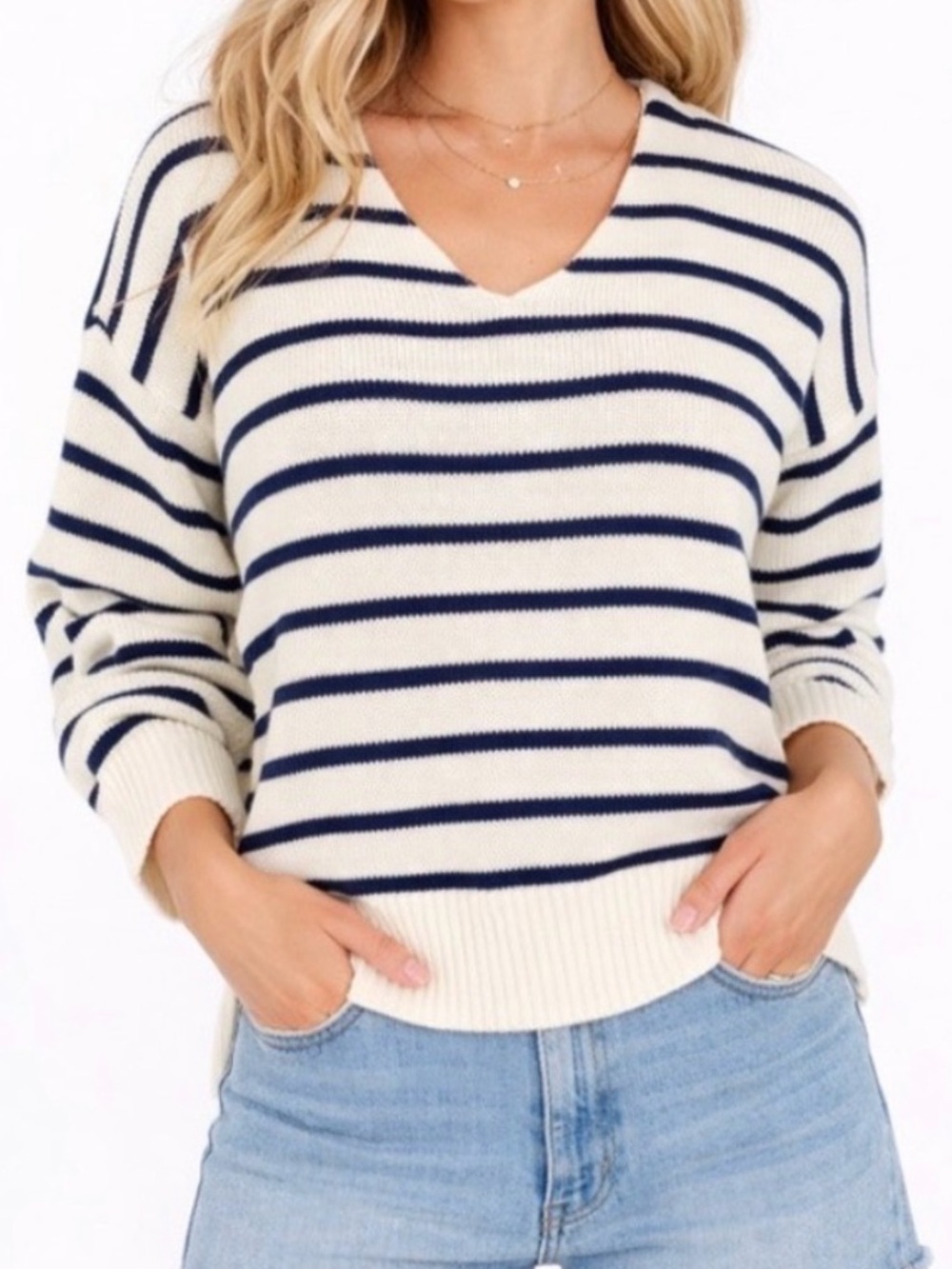 Rosenthal Cream and Navy V-Neck Striped Sweater